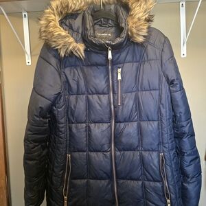 Navy Blue Women's Puffer Jacket with Faux Fur Hood